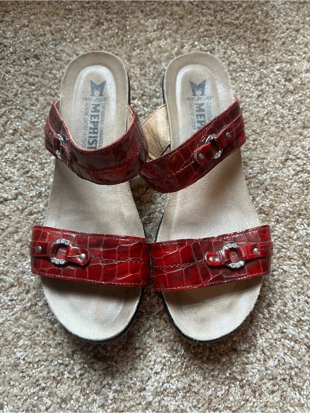 Mephisto Women’s Red Croc-Embossed Slide Mules with Buckle Accents